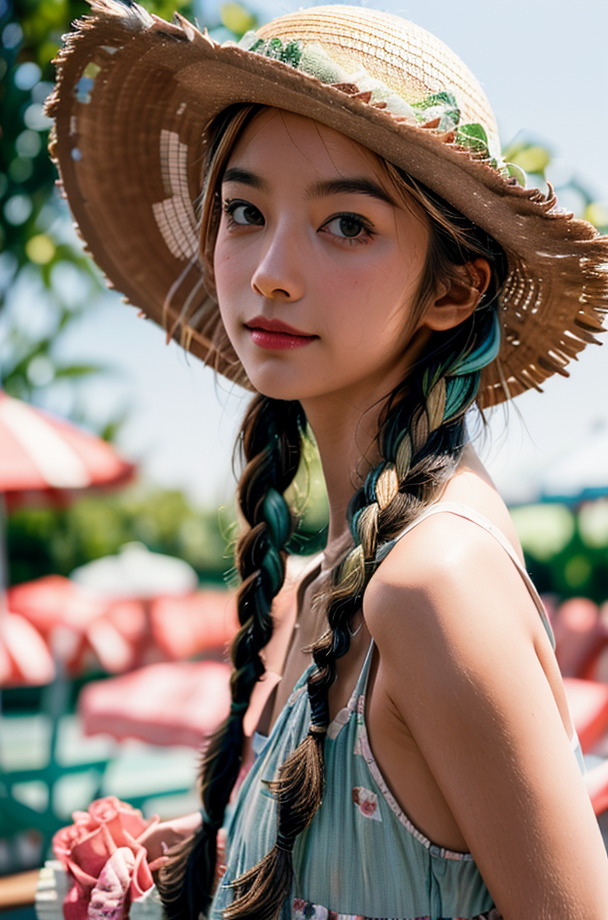 00610-3075196300-_lora_caomao_0.8_1girl, solo, hat, braid, blurry background, outdoors, looking at viewer, straw hat,.png